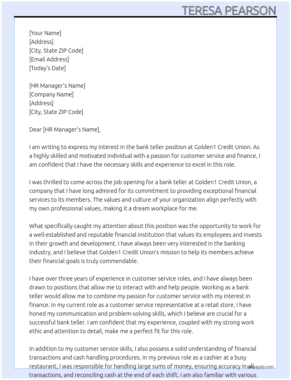 bank teller At Golden1 Credit Union Cover Letter