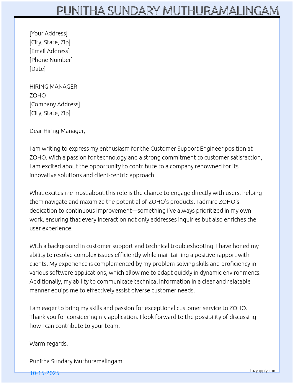 customer support engineer At ZOHO Cover Letter