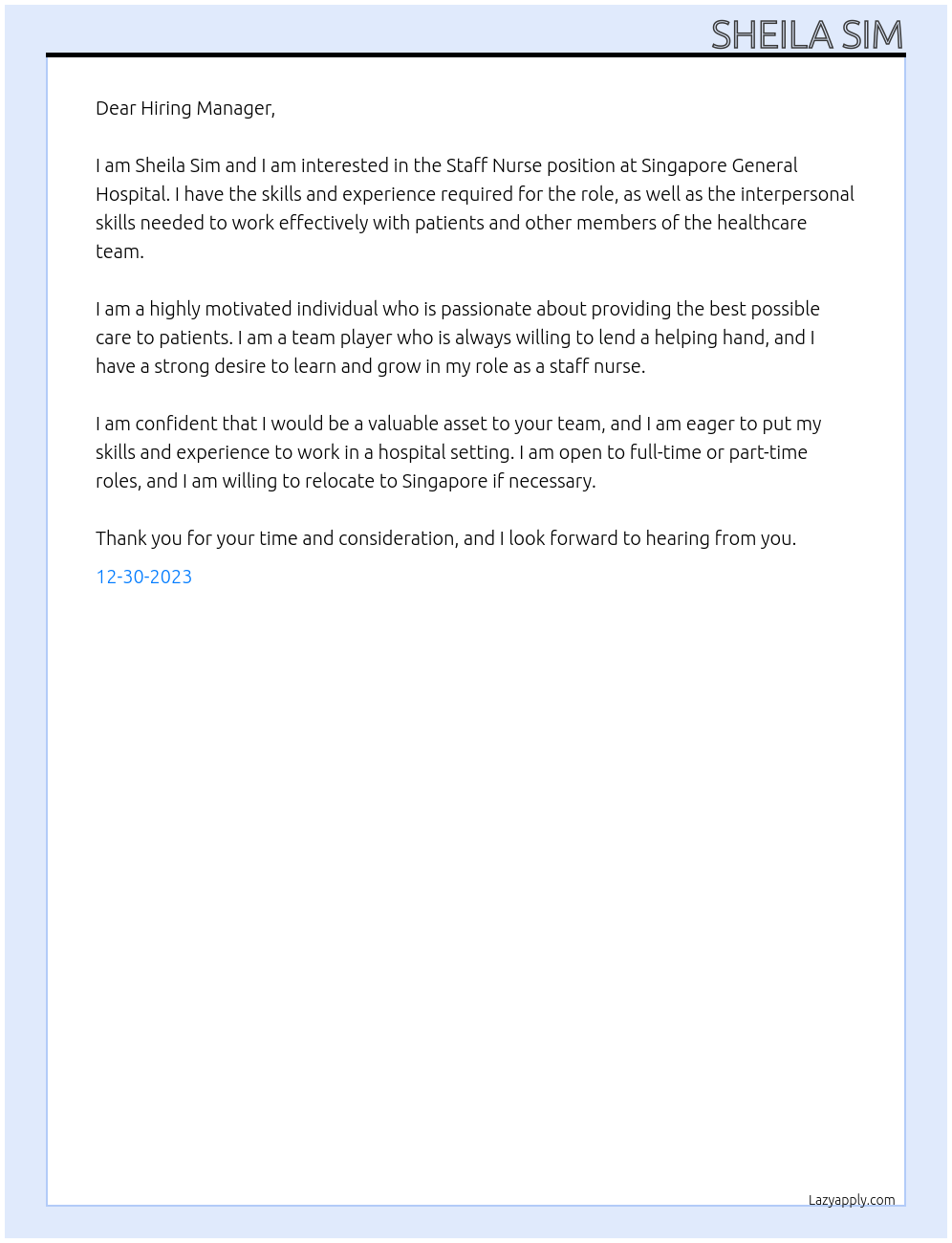 Staff Nurse At Singapore General Hospital Cover Letter