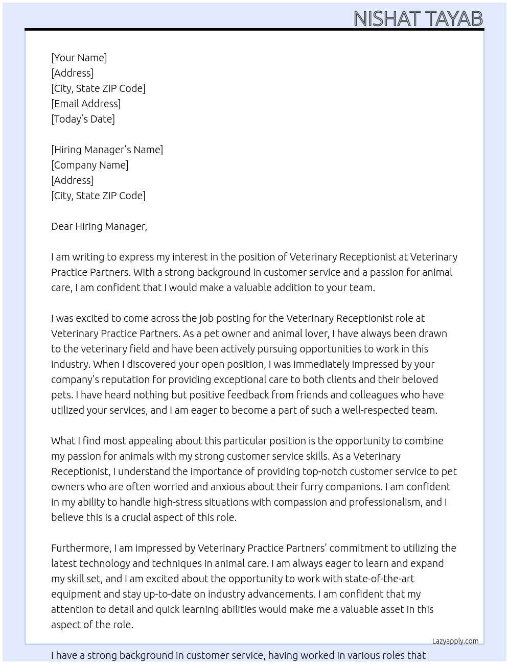 Veterinary Receptionist At Veterinary Practice Partners Cover Letter