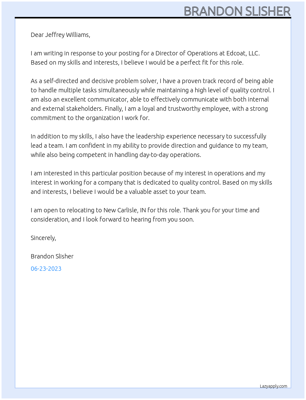 Director of Operations At Edcoat, LLC Cover Letter