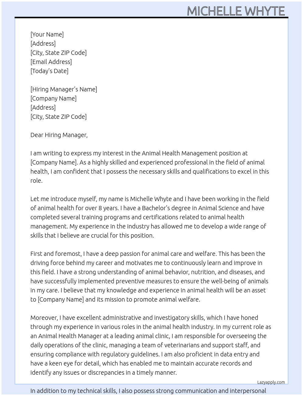 animal Health Management At To Whom it may concern Cover Letter