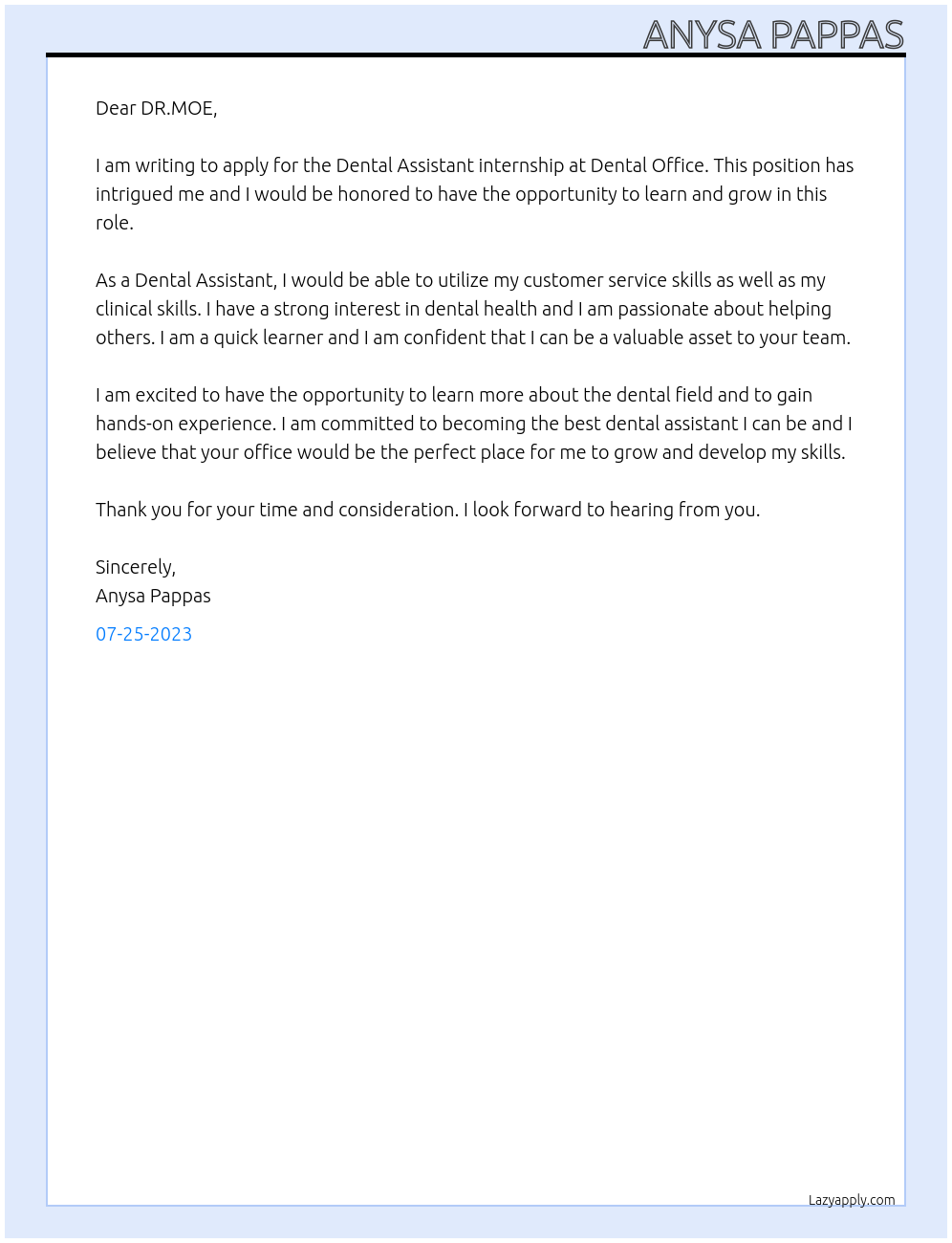 Dental Assistant At Dental Office Cover Letter