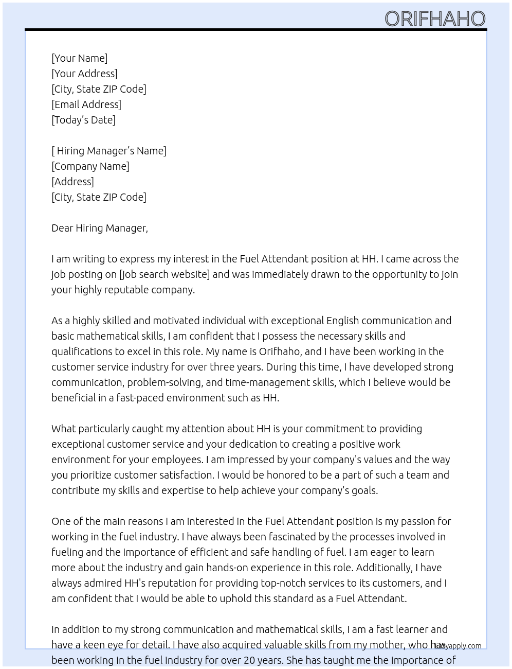 Fuel attendant At Hh Cover Letter