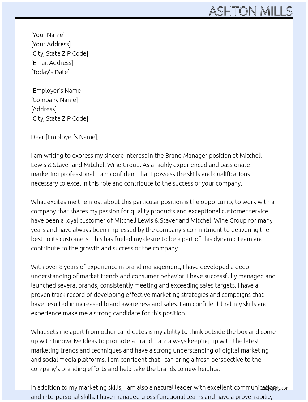 Brand Manager At Mitchell Lewis & Staver and Mitchell Wine Group Cover Letter