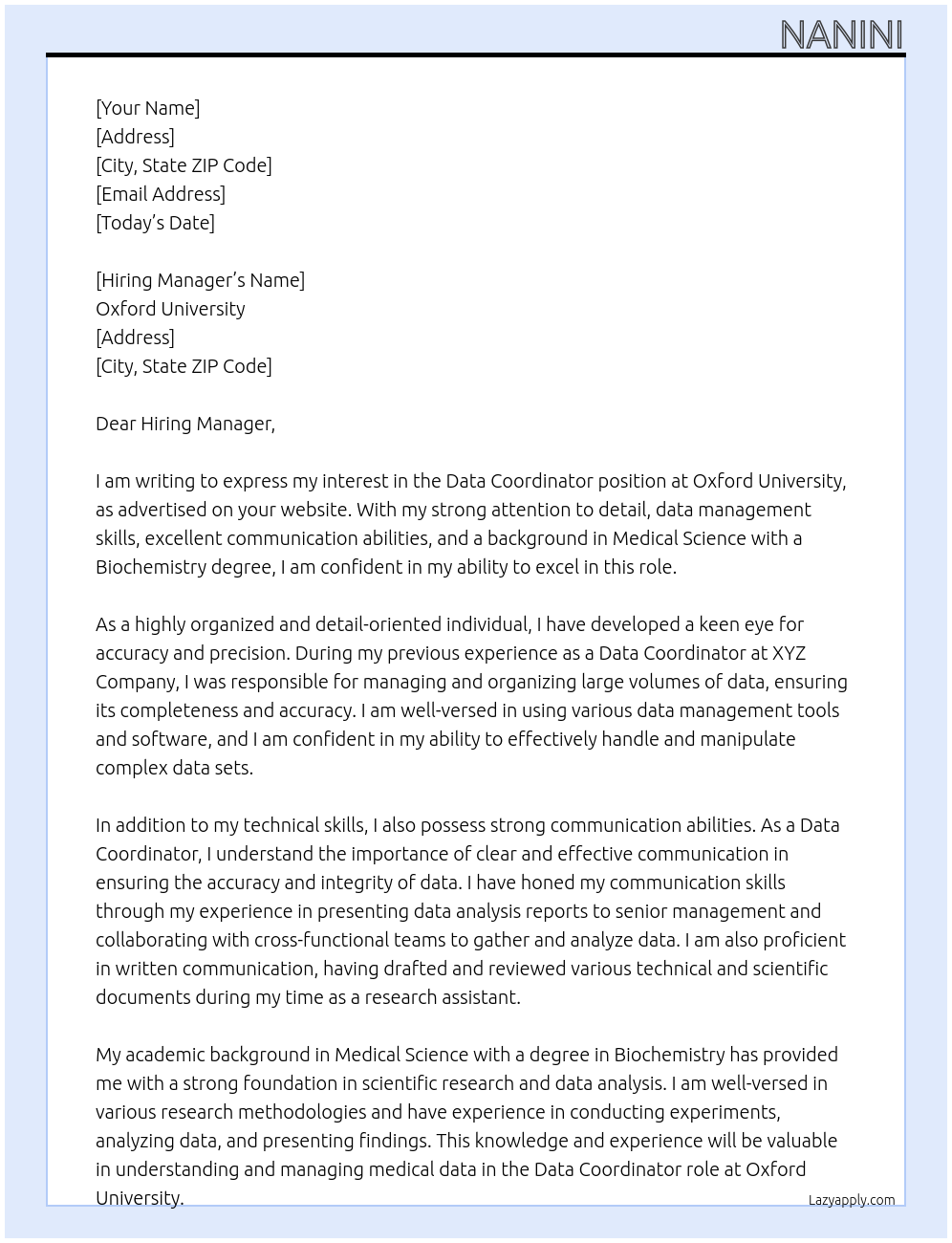 Data Coordinator At Oxford University Cover Letter
