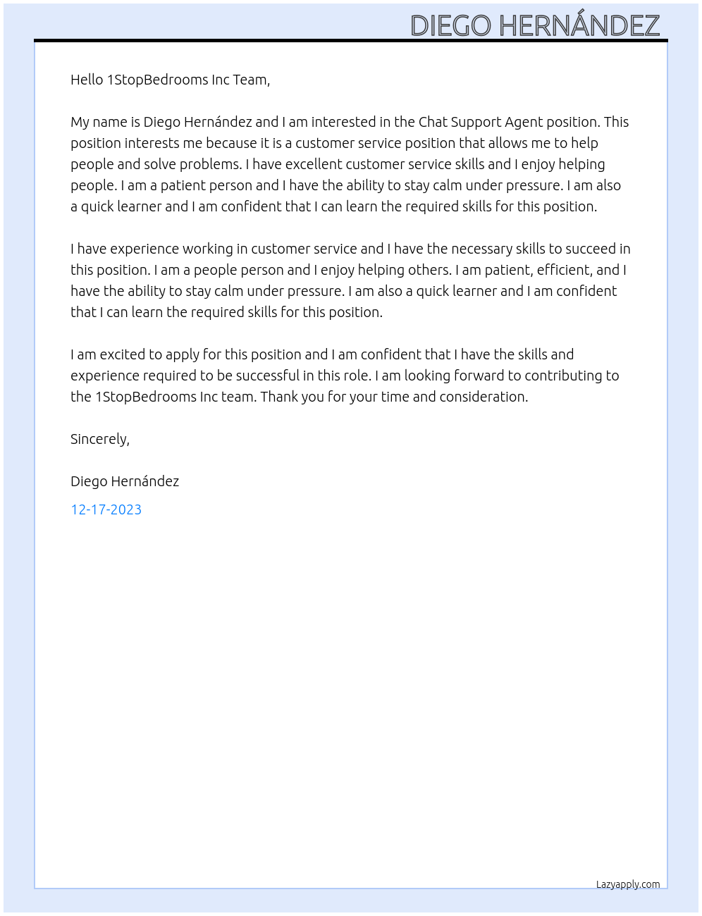 Chat Support Agent At 1StopBedrooms Inc. Cover Letter