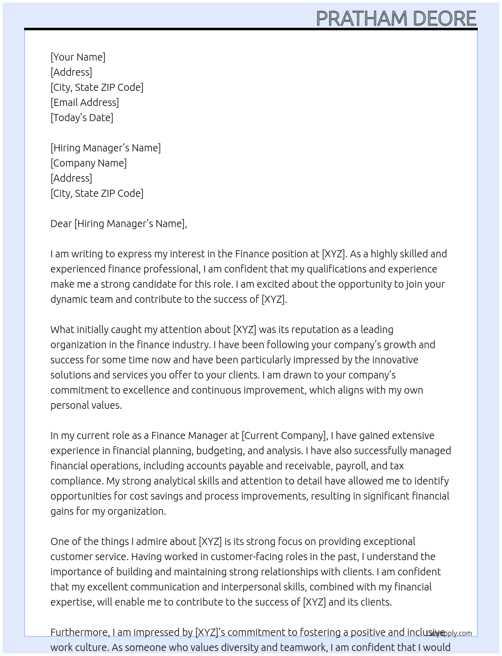 Finance At (XYZ) Cover Letter
