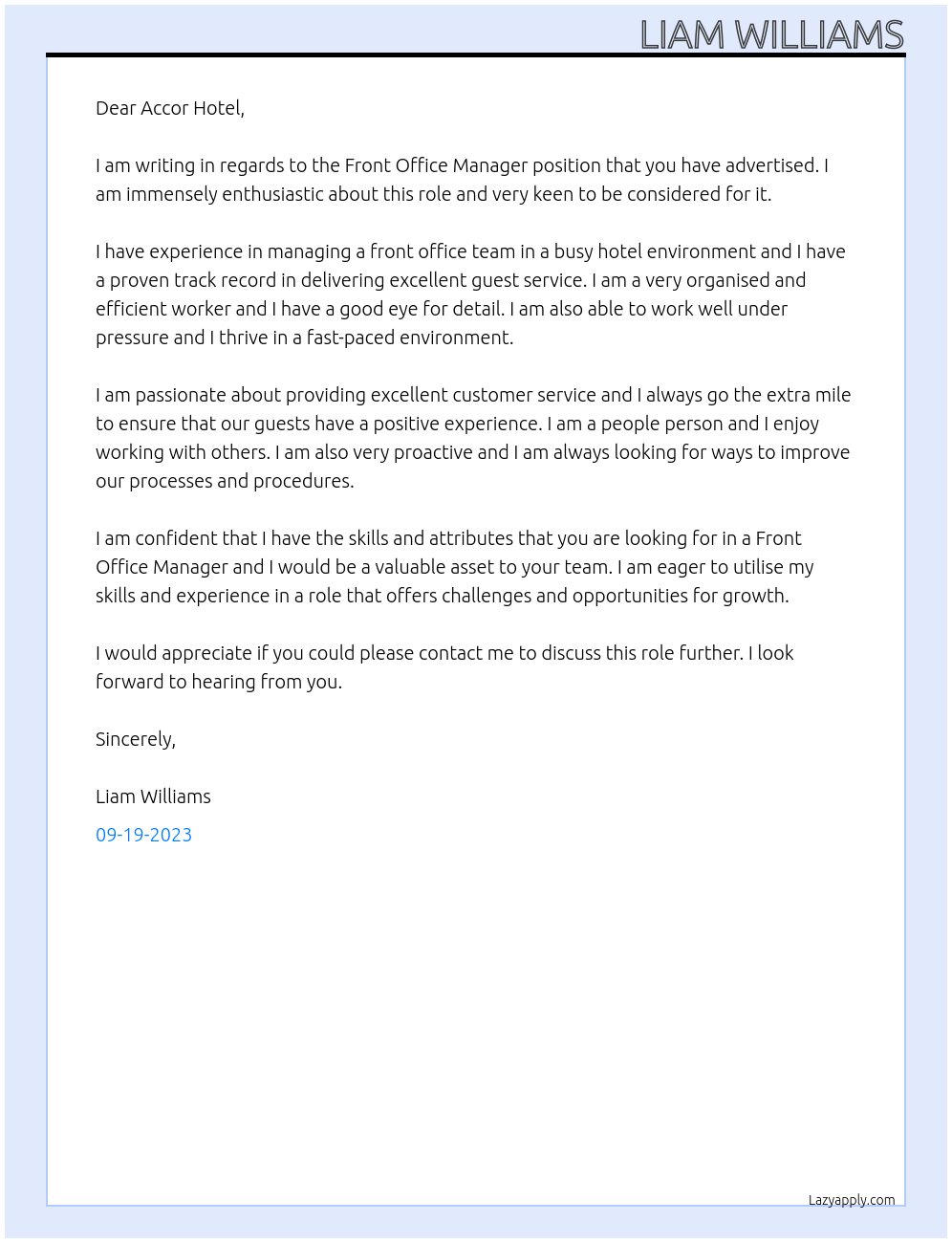 Front office manager At Accor Cover Letter