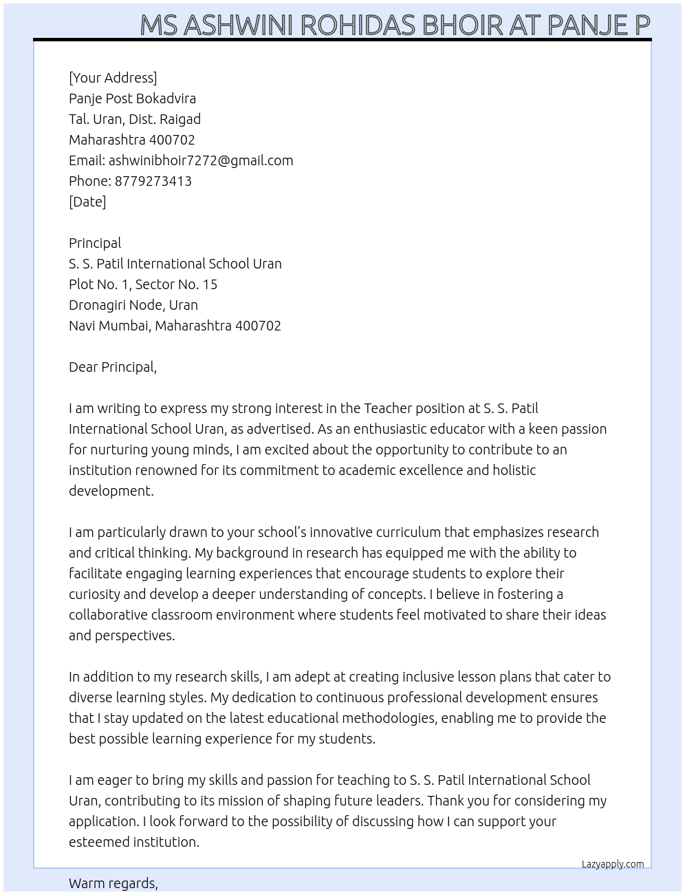 Teacher At S . S Patil international school uranPlot No.1, Sector No. 15, Dronagiri Node, Uran, Navi Mumbai, Maharashtra 400702 Cover Letter