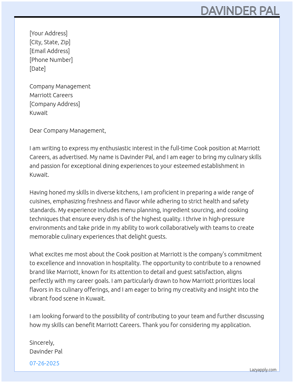 Cook  At Marriott carees Cover Letter