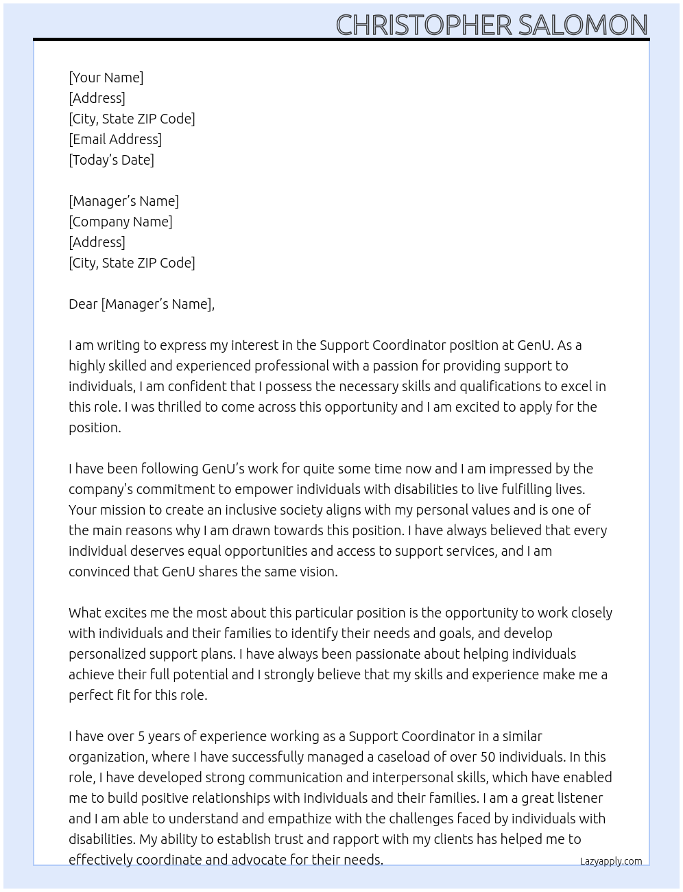 Support Coordinator At GenU  Cover Letter