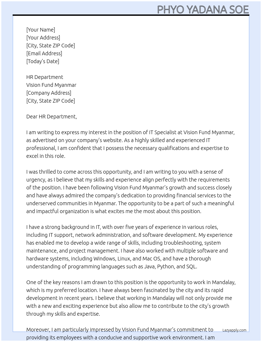 IT Specialist At Vision Fund Myanmar Cover Letter