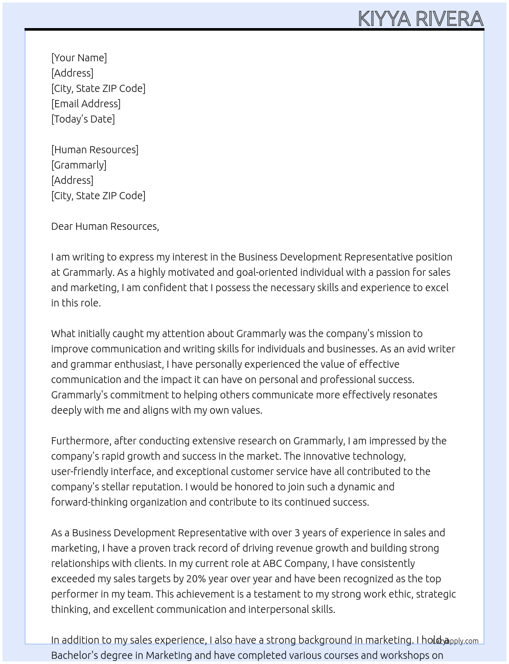 Business Development Representative At Grammarly Cover Letter