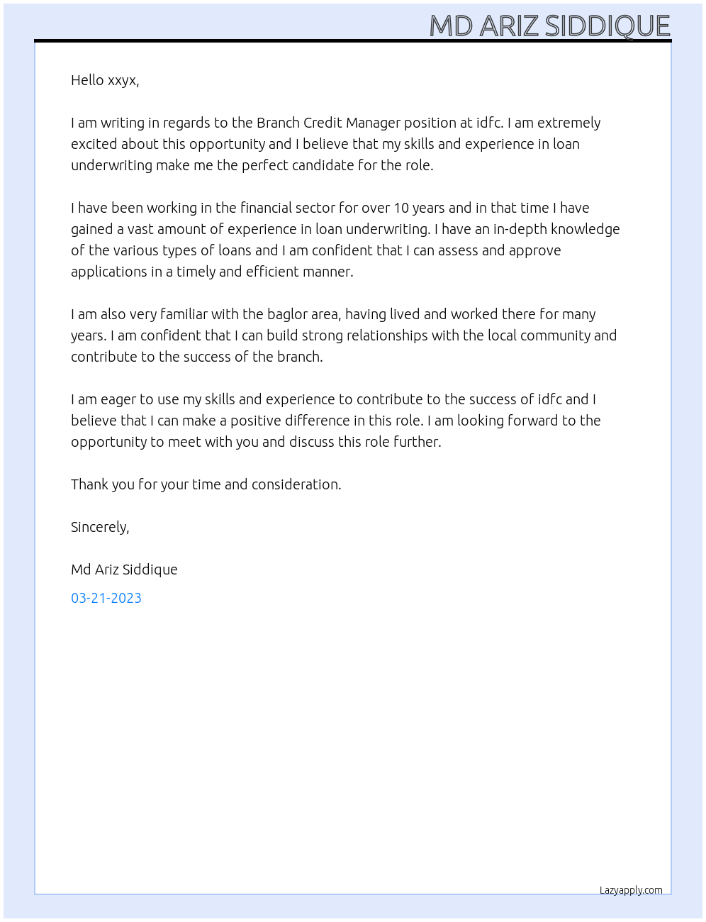 Branch Credit Manager At idfc Cover Letter