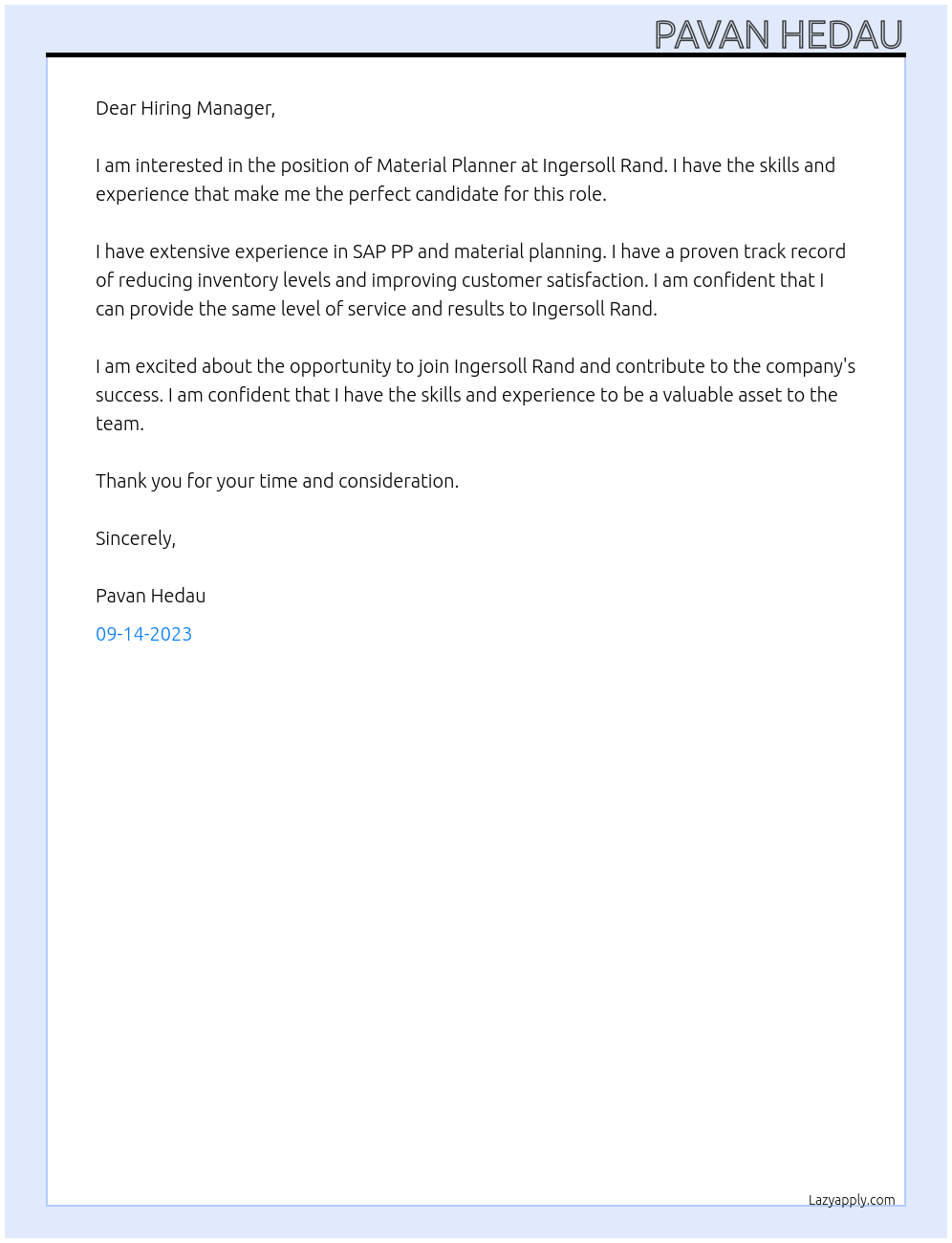 Material Planner At Ingersoll Rand Cover Letter