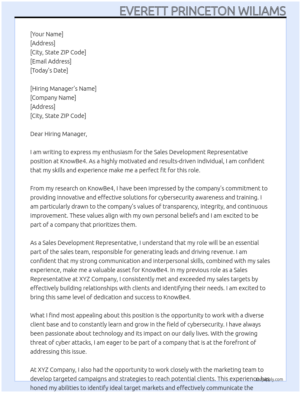 Sales Development Representative  At KnowBe4 Cover Letter