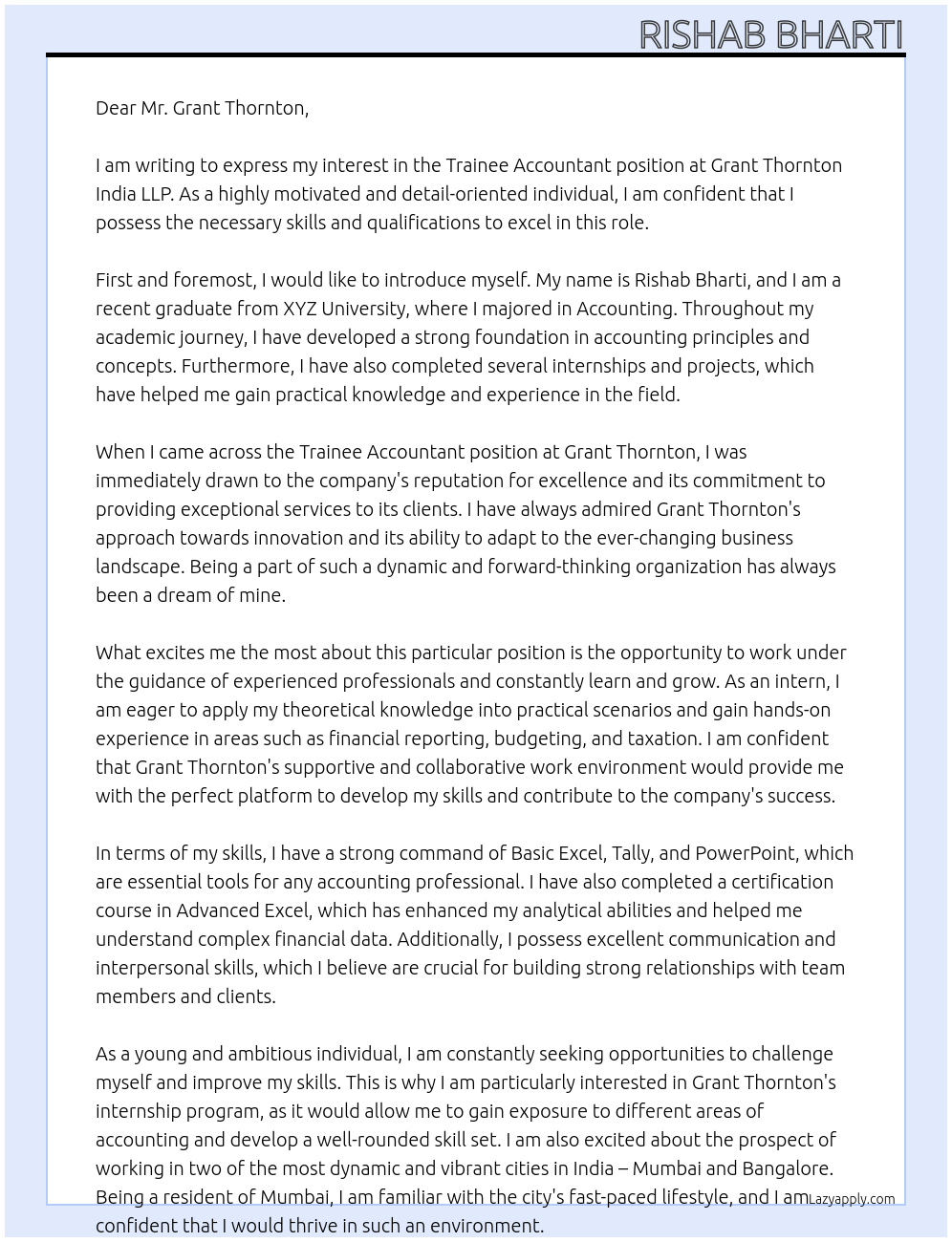 Trainee Accountant At Grant Thornton Cover Letter
