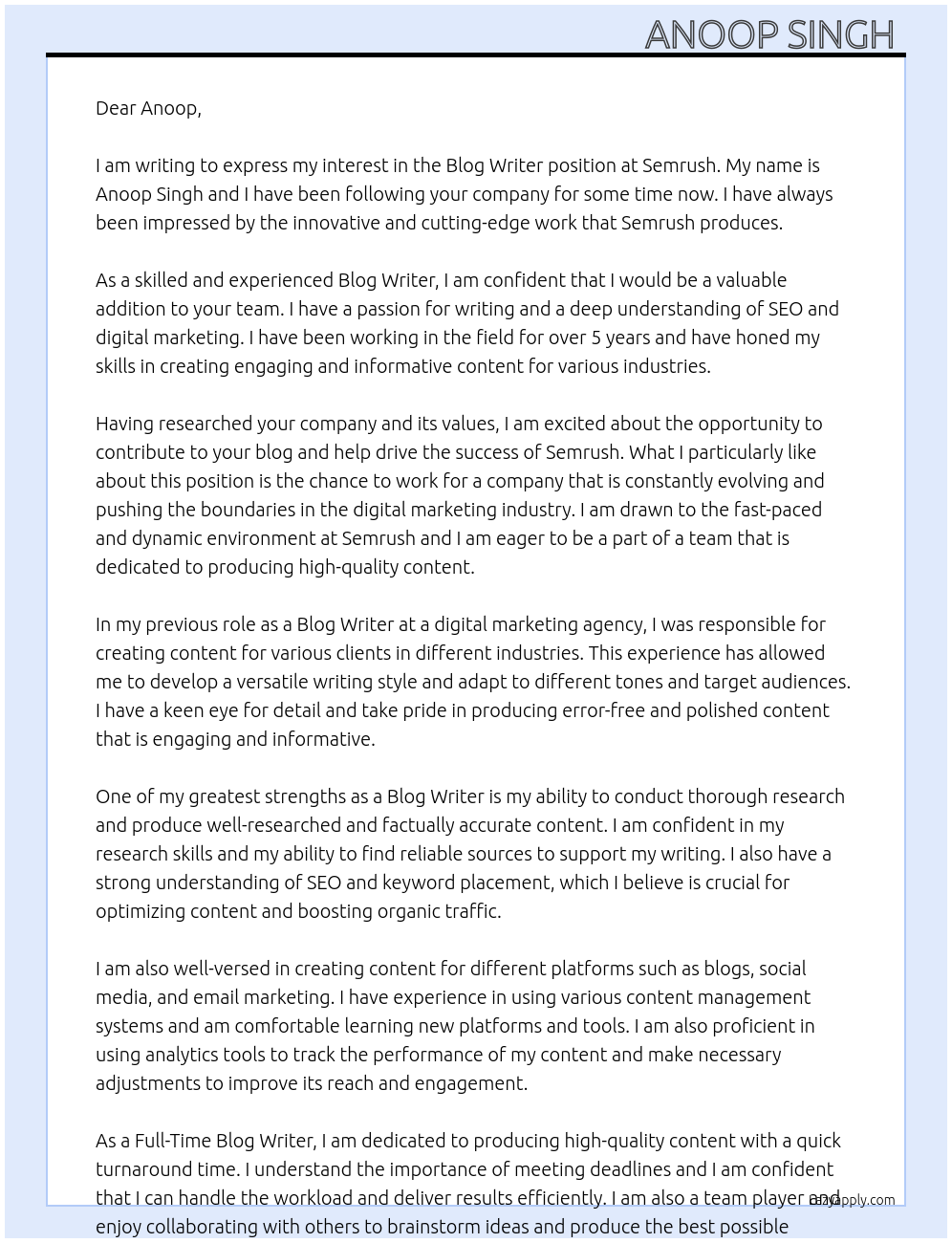 Blog writer At Semrush Cover Letter