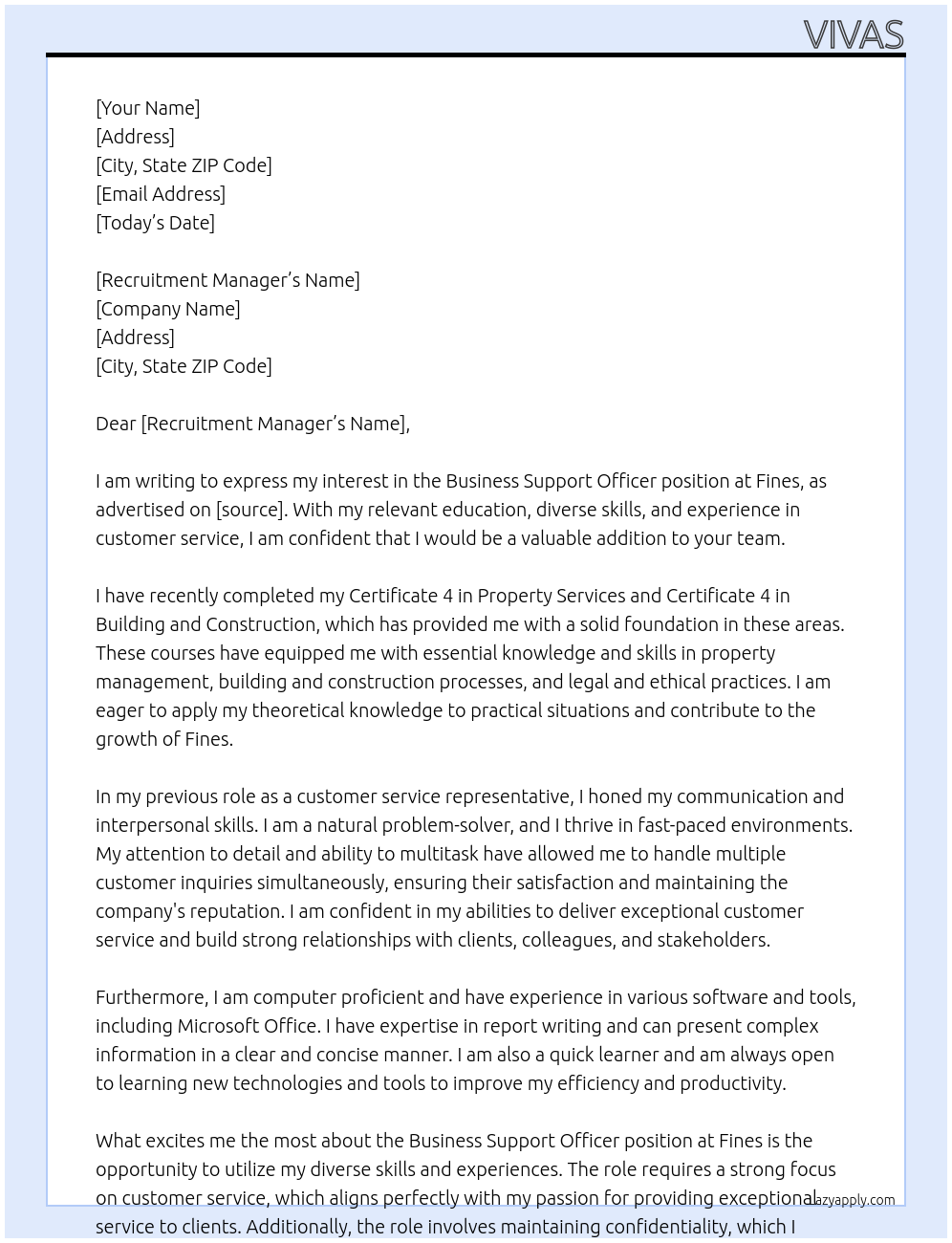 Business Support Officer  At Fines Cover Letter