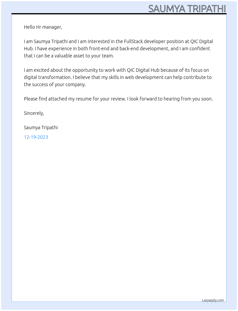 FullStack developer At QIC Digital Hub Cover Letter