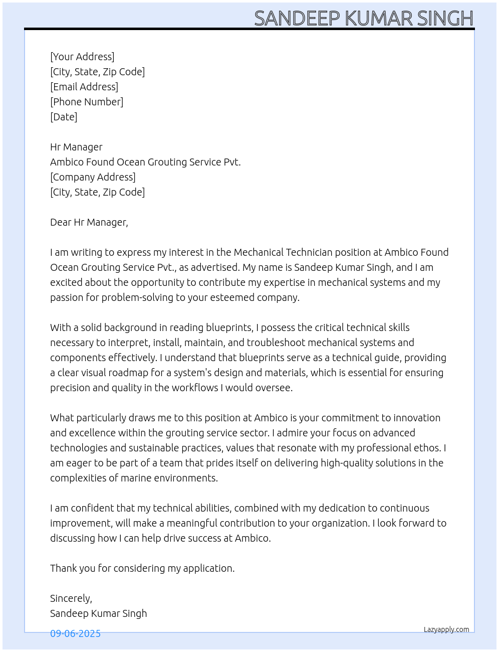 Mechanical technician At Ambico found ocean grouting service pvt. Cover Letter