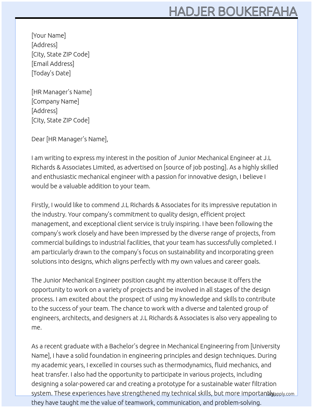 Junior Mechanical Engineer At J.L Richards & Associates Limited Cover Letter