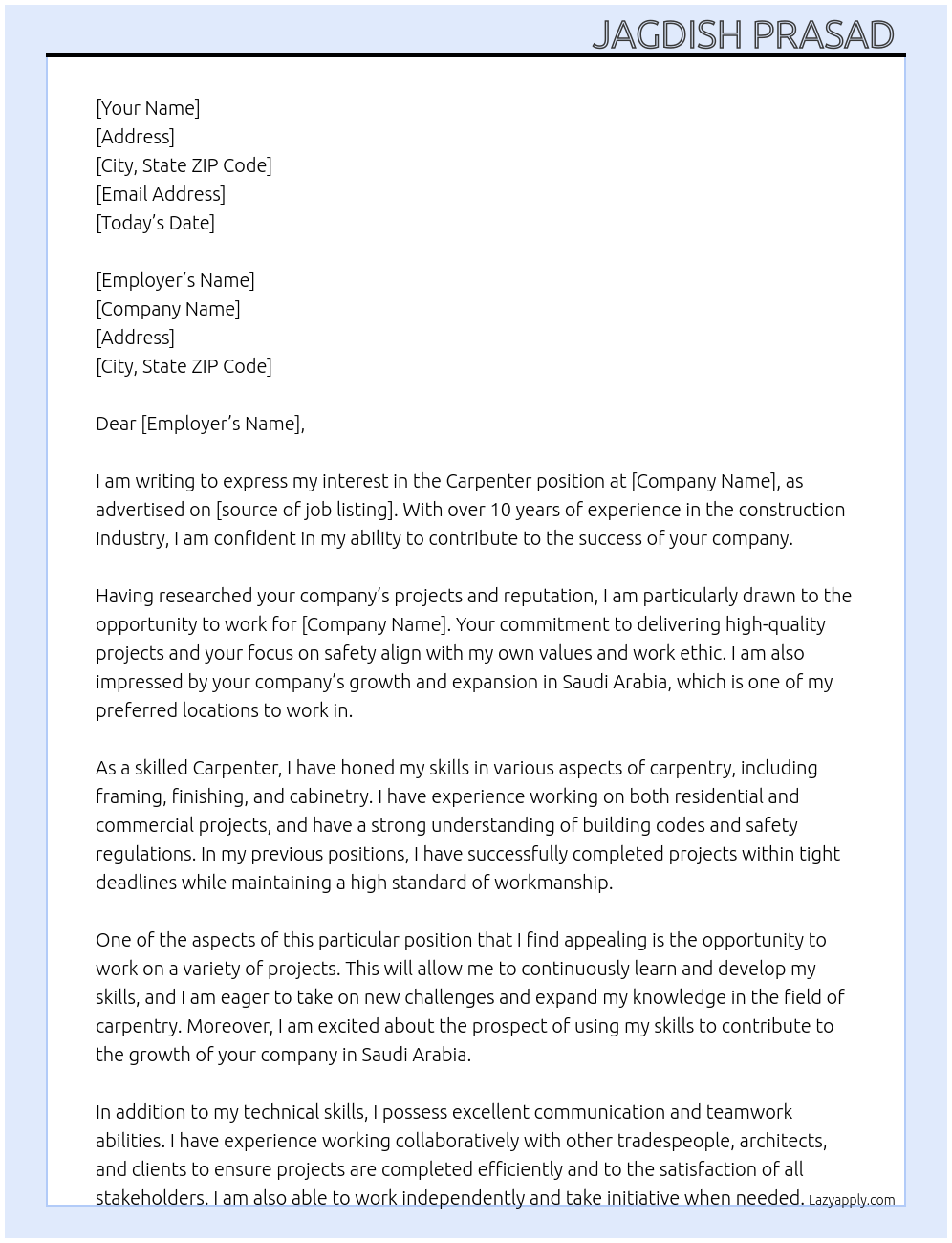 Carpenter At Contraction company  Cover Letter