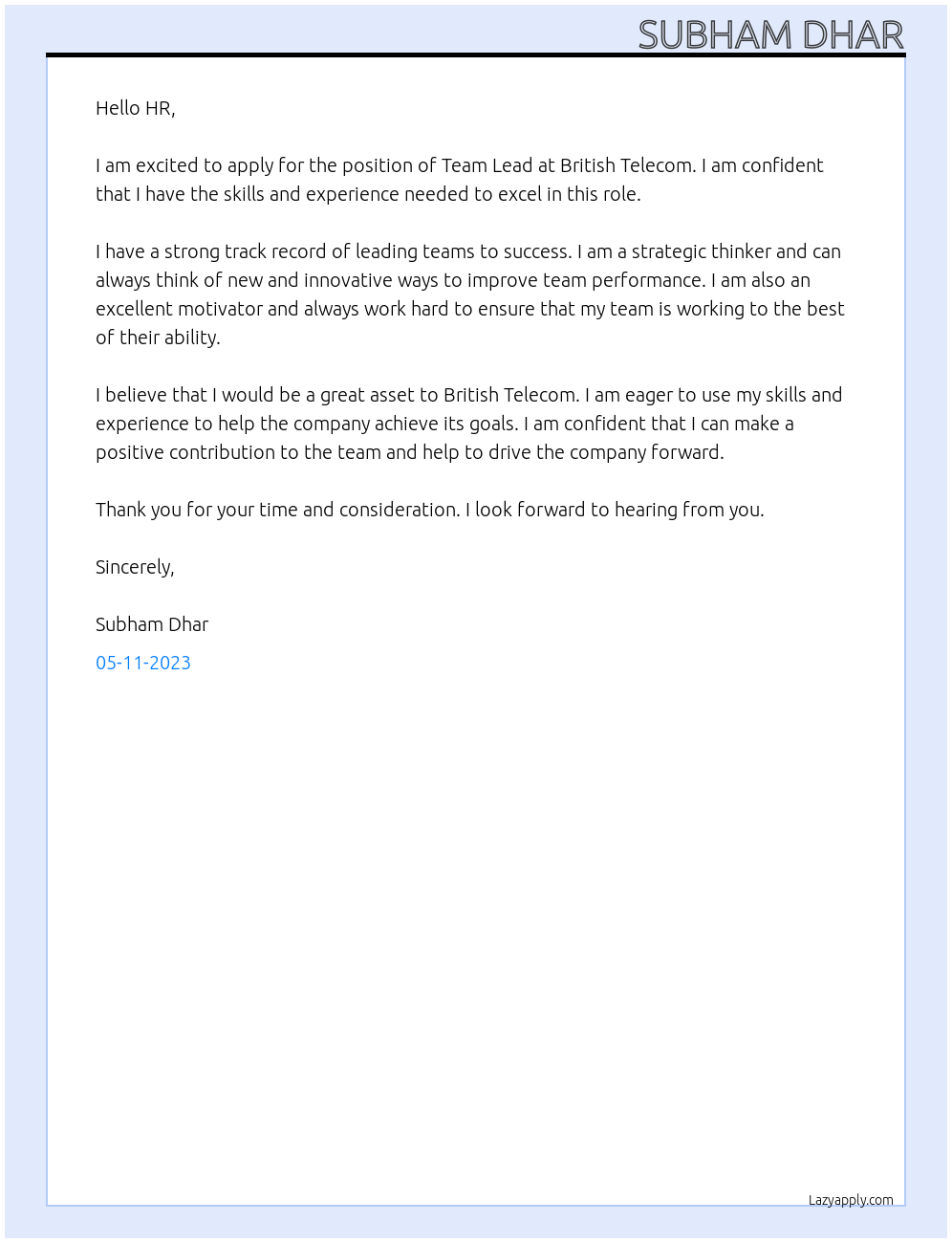 Team Lead At British Telecom Cover Letter
