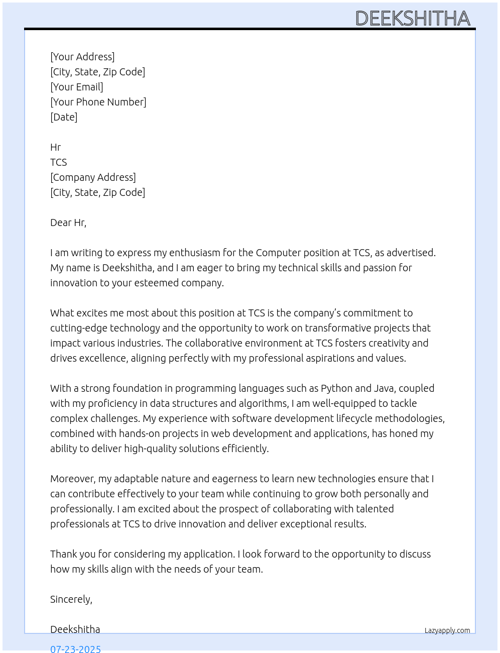 Computer  At Tcs Cover Letter