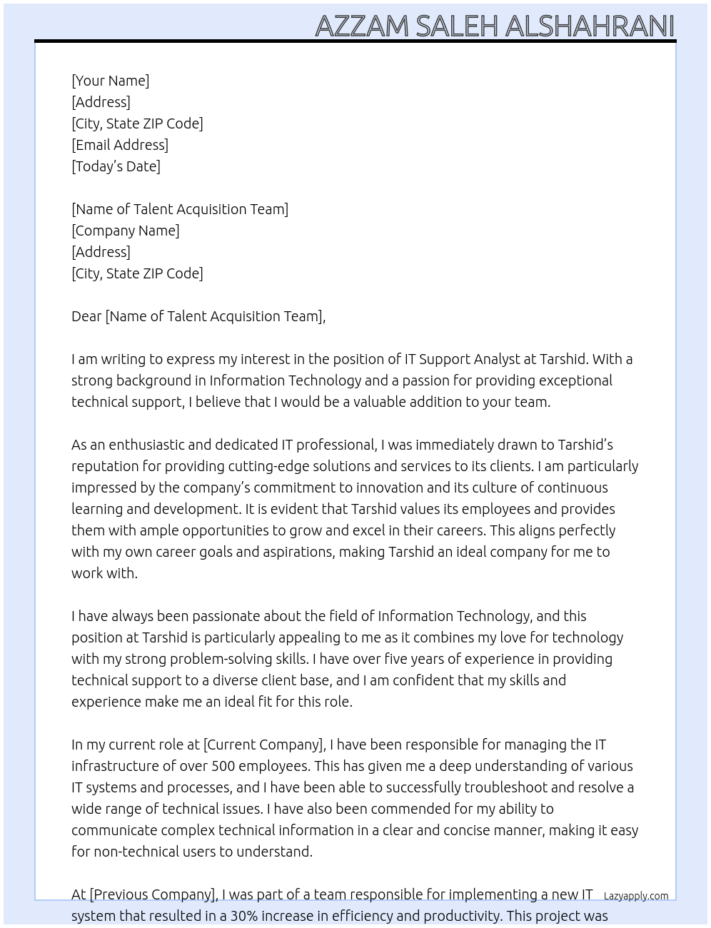 IT Support Analyst At Tarshid Cover Letter