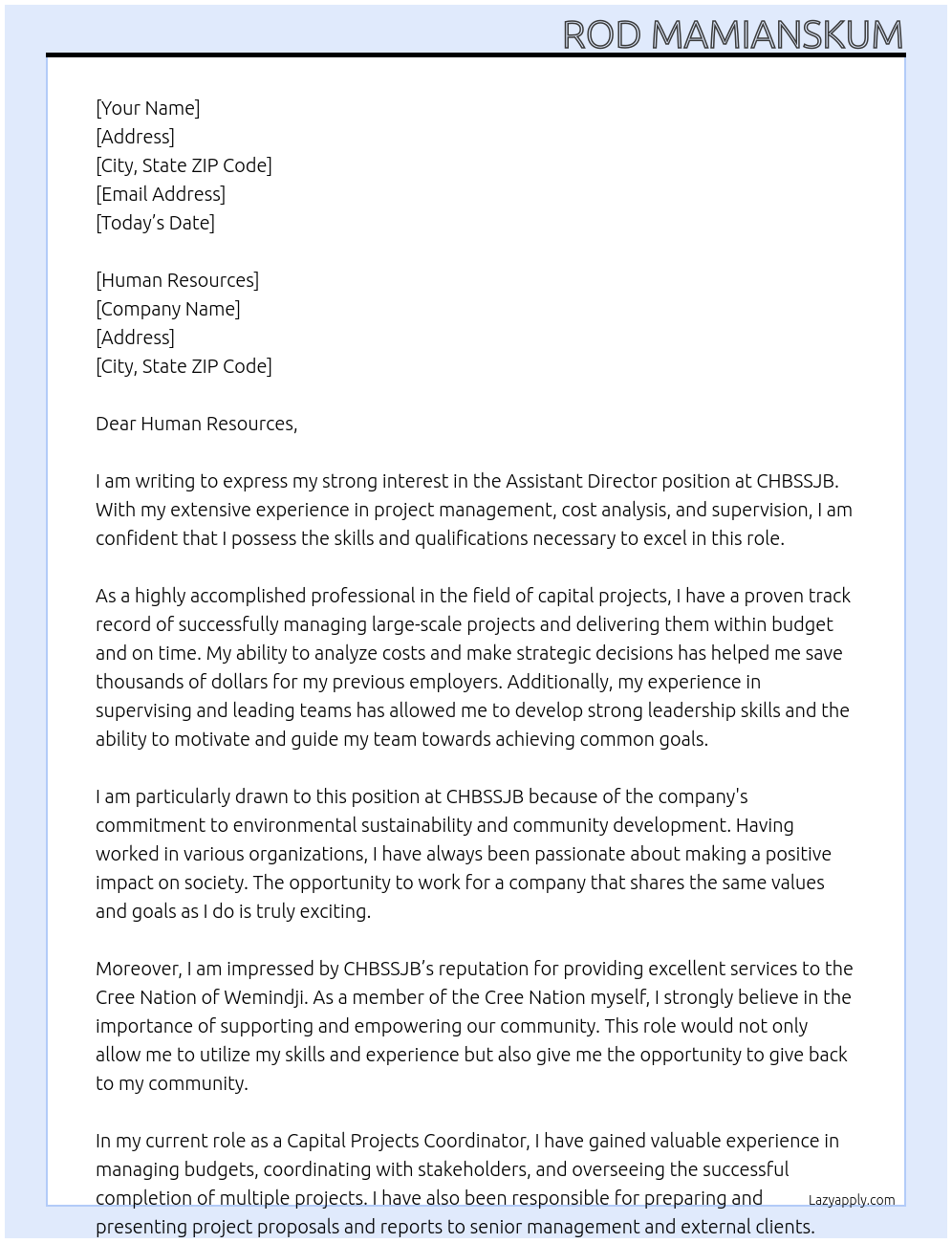 Assistant Director At CHBSSJB Cover Letter