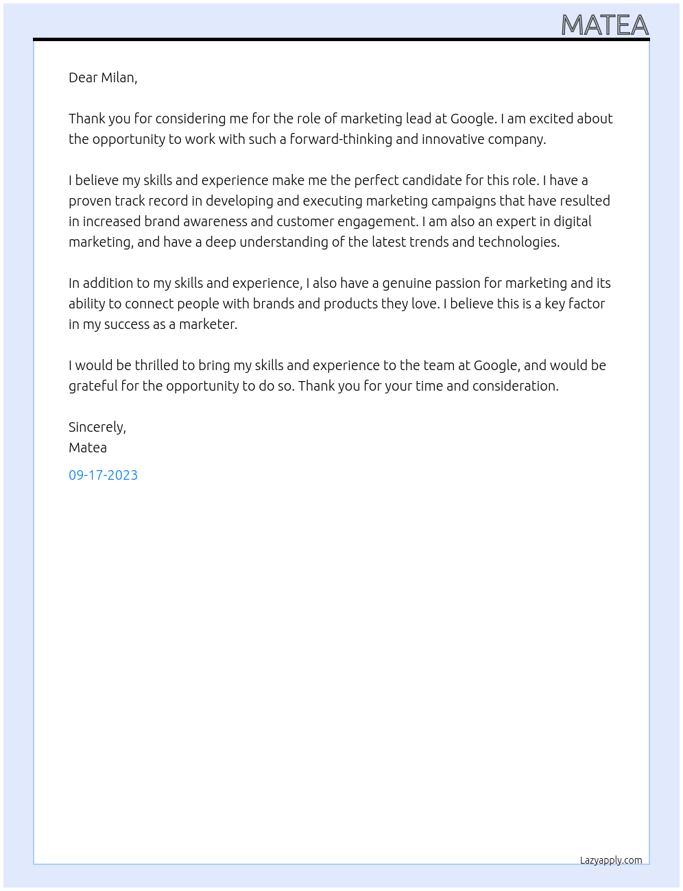 Marketing lead At Google Cover Letter