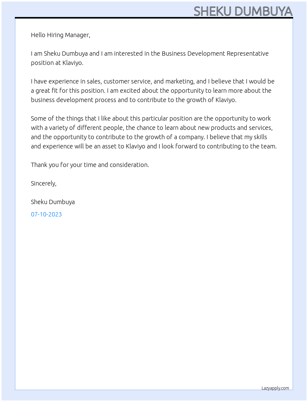 Business development representative At Klaviyo Cover Letter