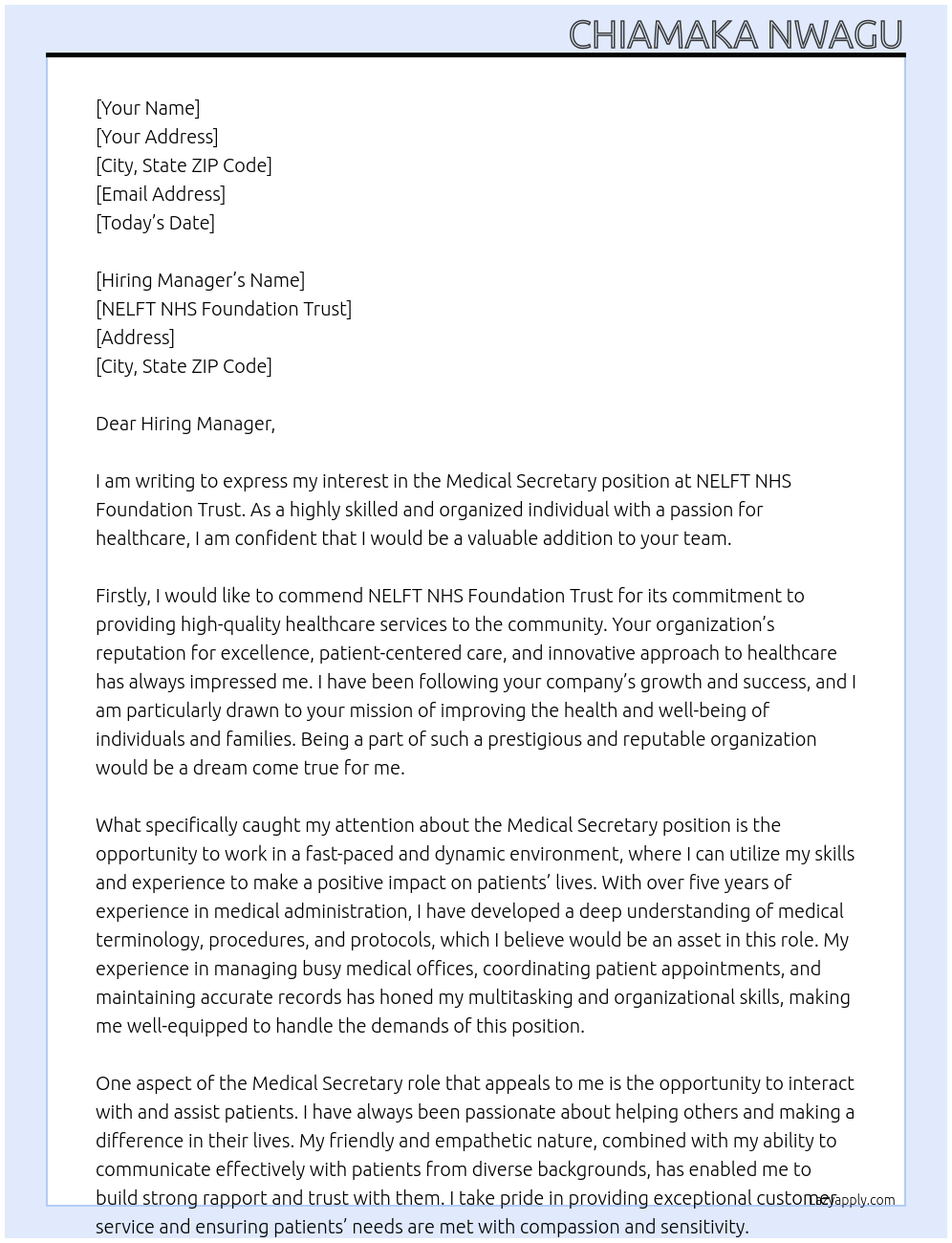 Medical Secretary At NELFT NHS Foundation Trust Cover Letter