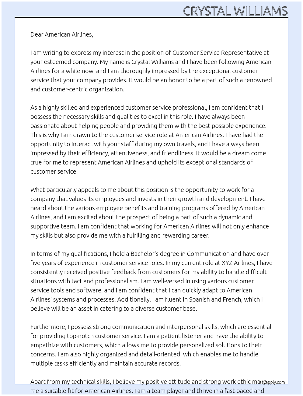 customer service rep At AMERICAN AIRLINES Cover Letter