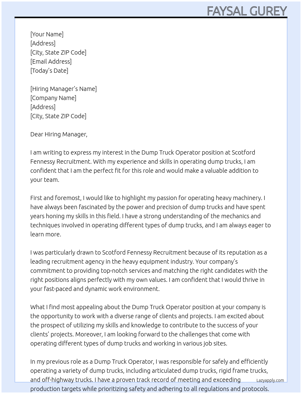 Dump Truck Operator At Scotford Fennessy Recruitment Cover Letter