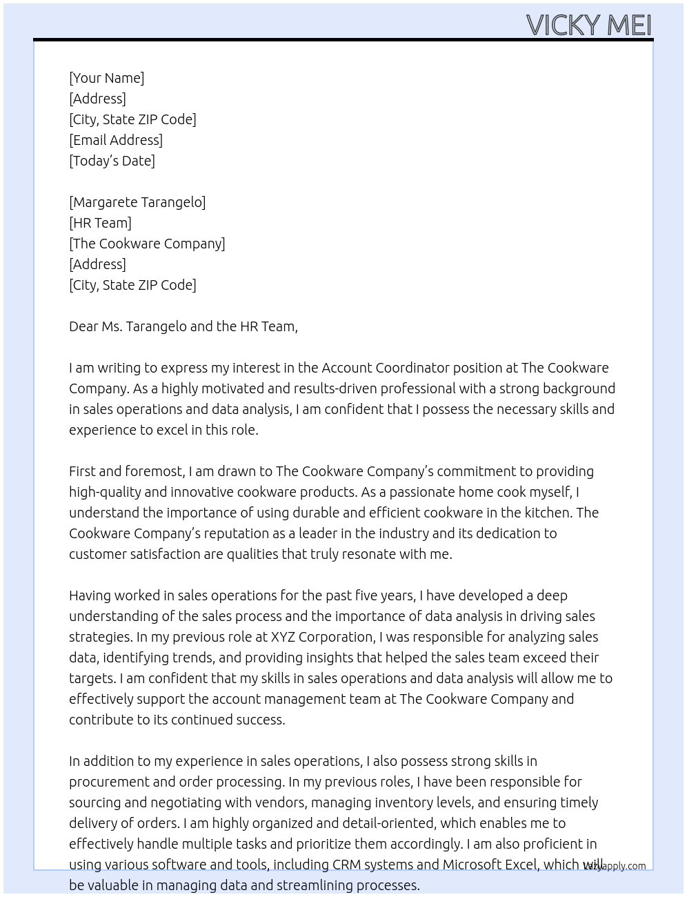 Account Coordinator At The Cookware Company Cover Letter