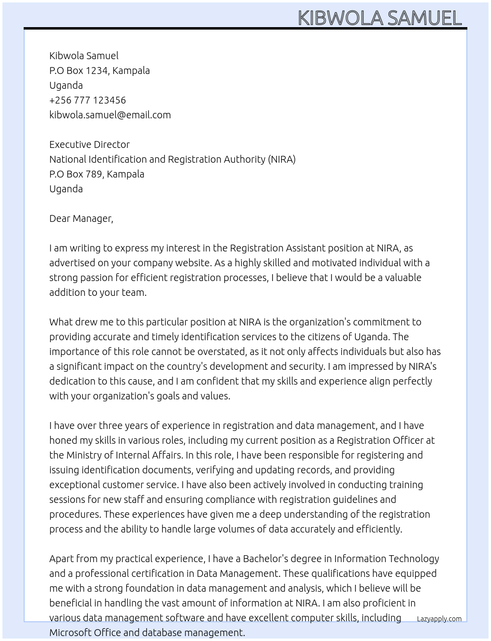 Registration Assistant At Executive Director Nira Cover Letter