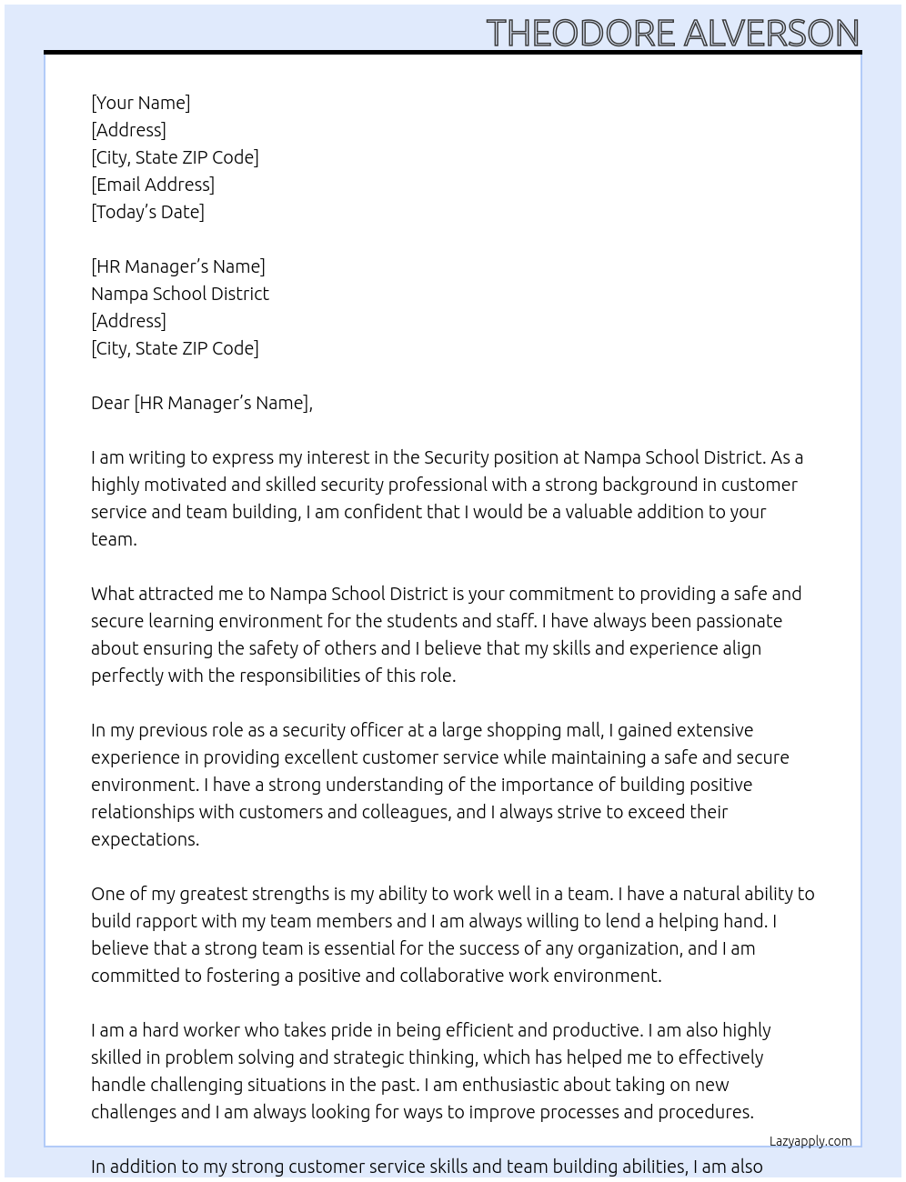 Security  At Nampa School District  Cover Letter