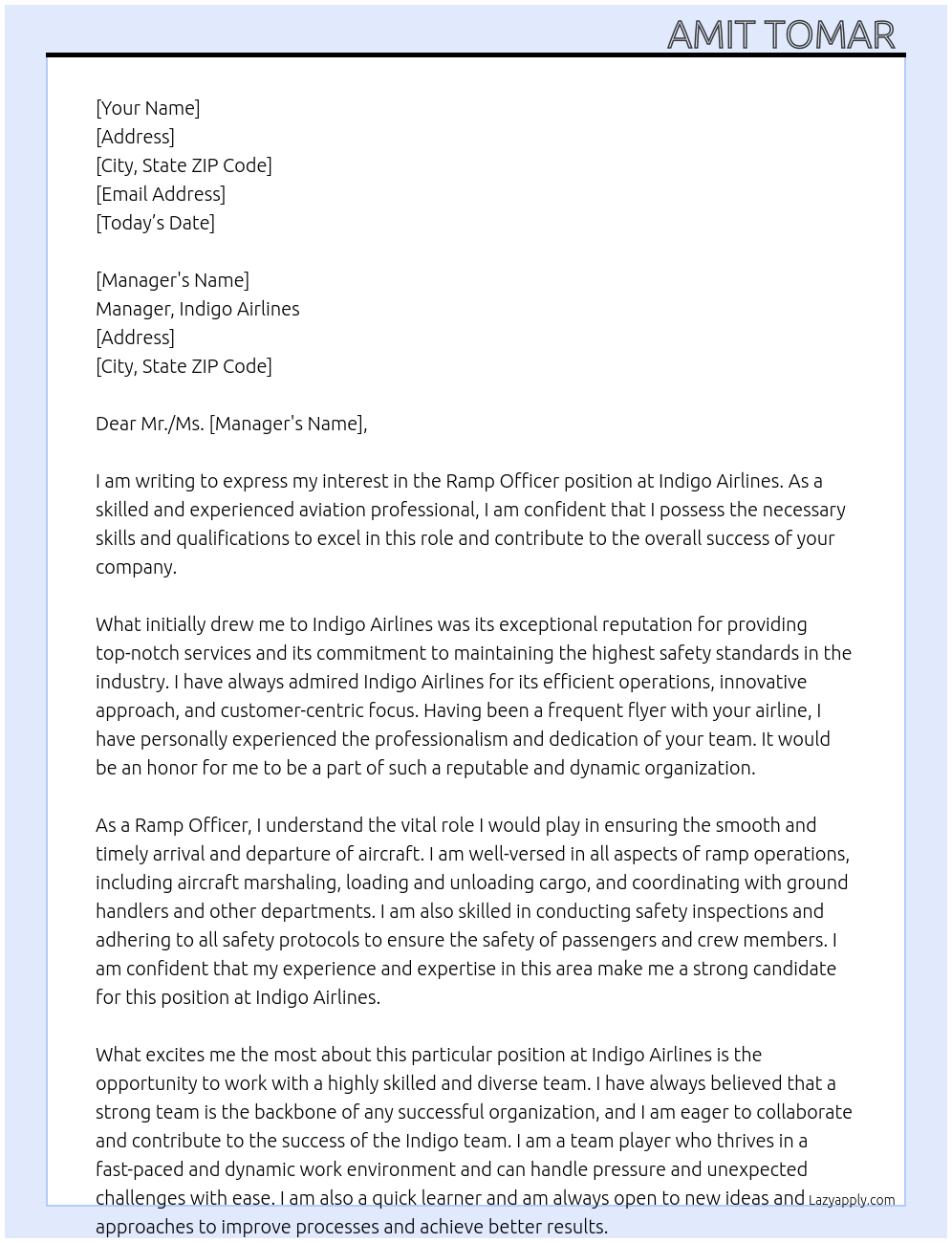 Ramp officer At Indigo airlines  Cover Letter