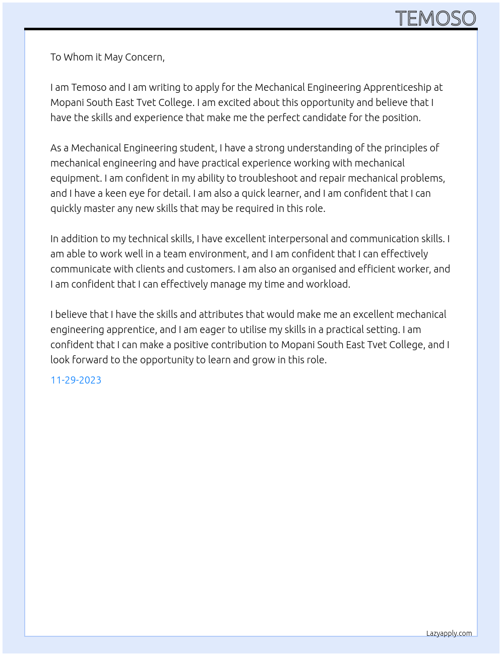 Mechanical Engineering Apprenticeship  At Mopani South East Tvet College Cover Letter