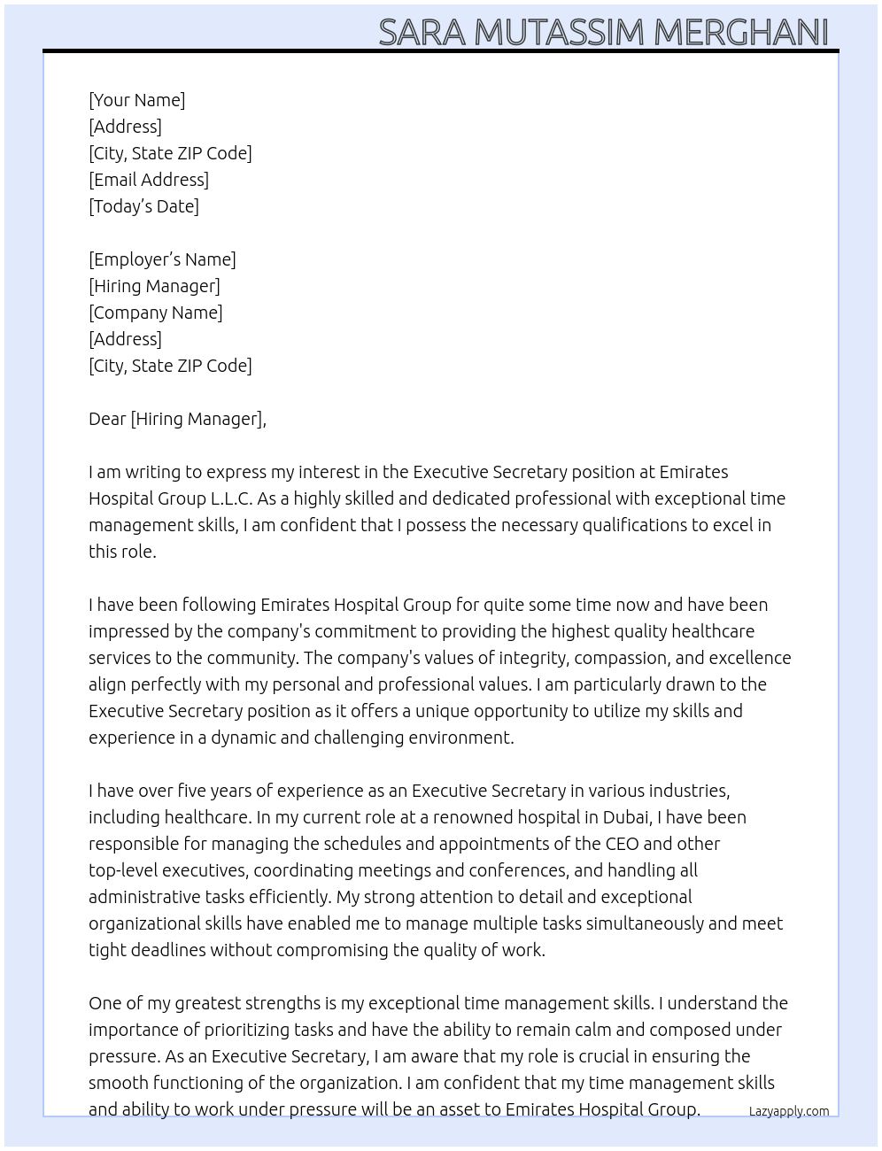 executive secretary  At Emirates hospital Group L.L.C Cover Letter