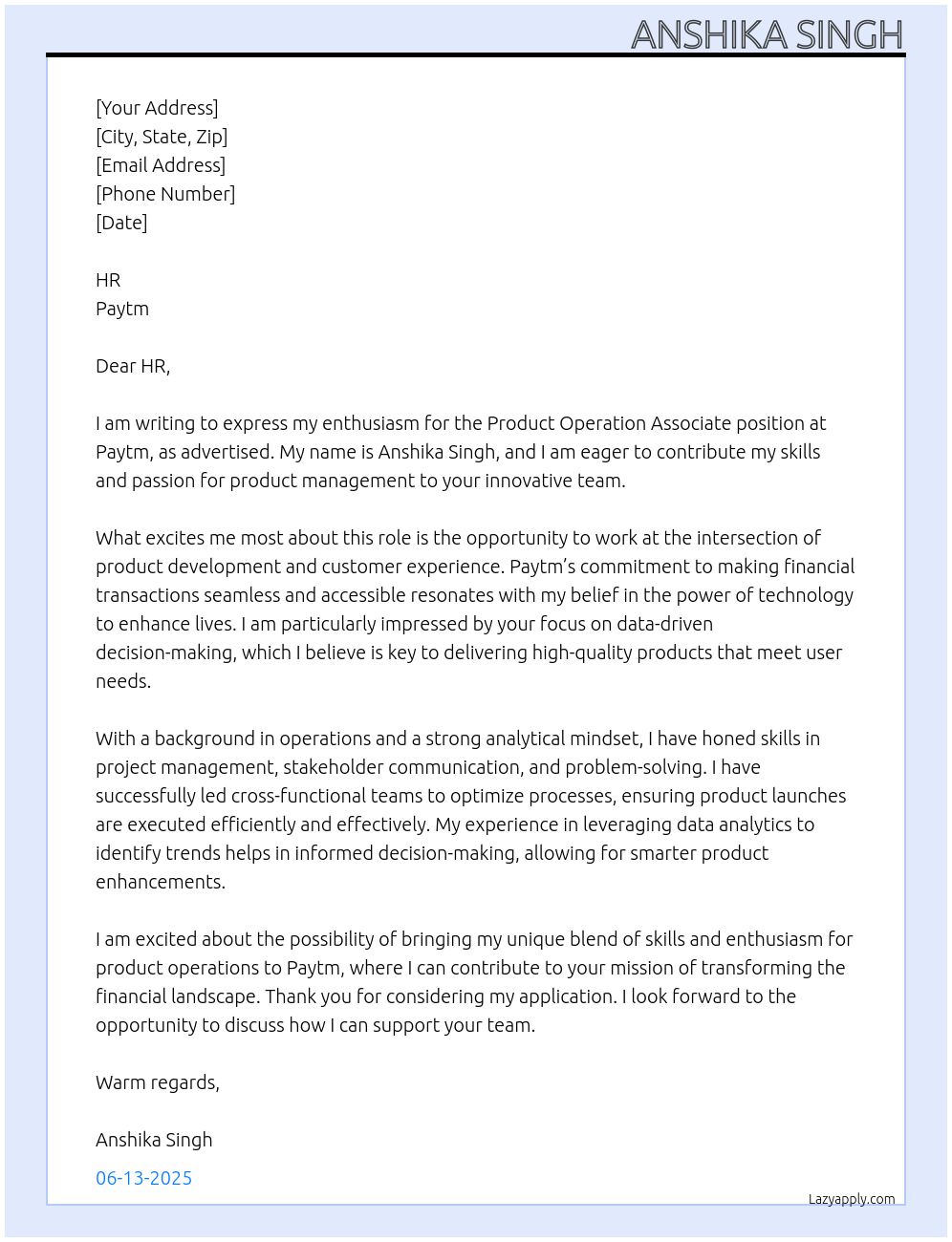 Product operation associate At Paytm Cover Letter