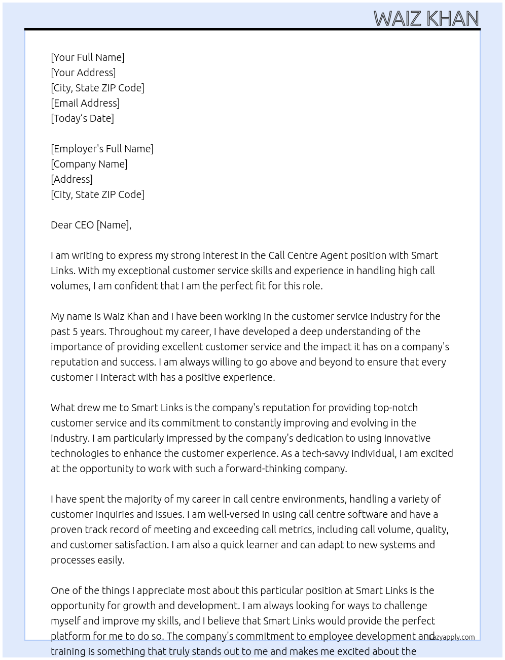 Call centre agent At Smart links Cover Letter