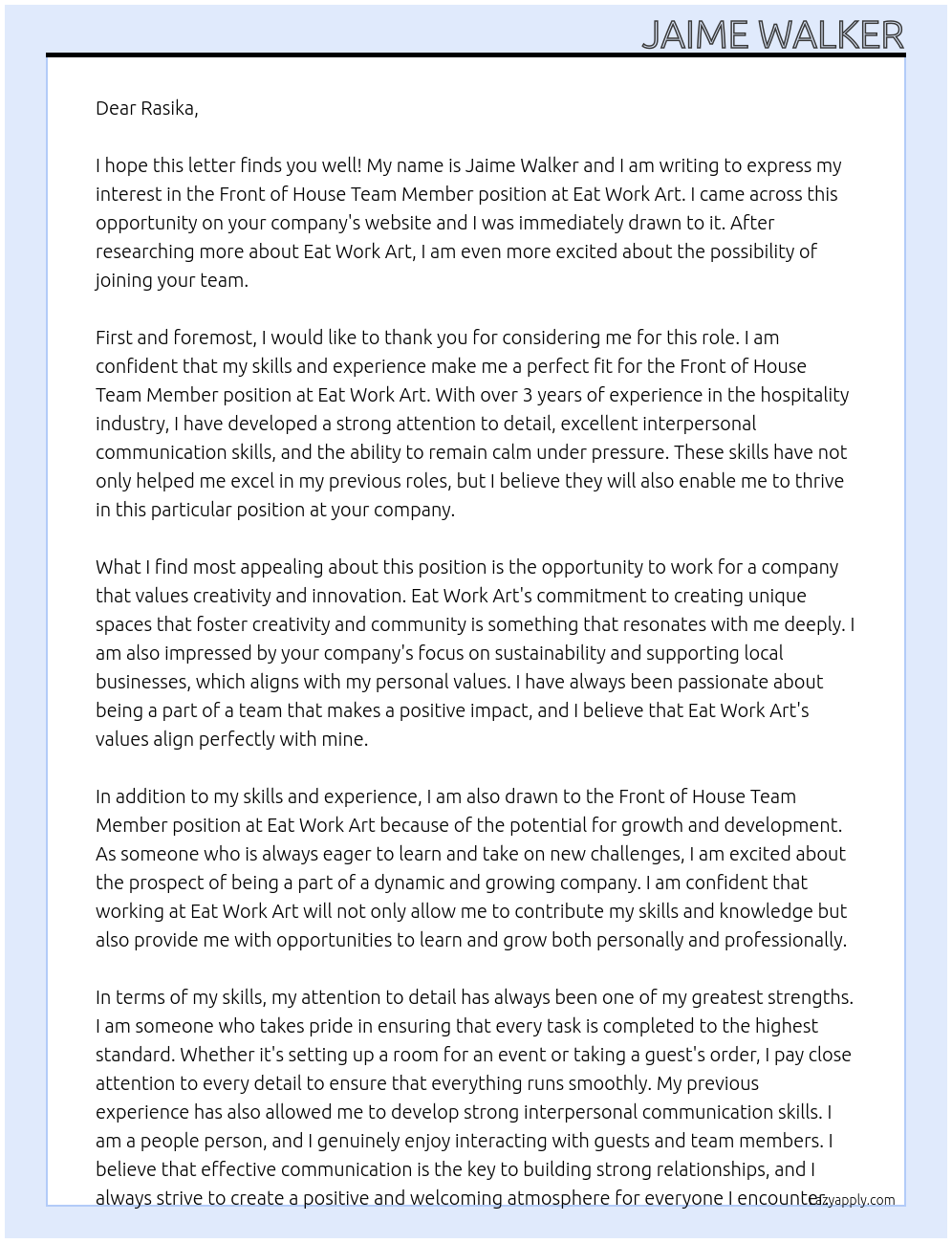 Front of House Team Member At Eat Work Art Cover Letter