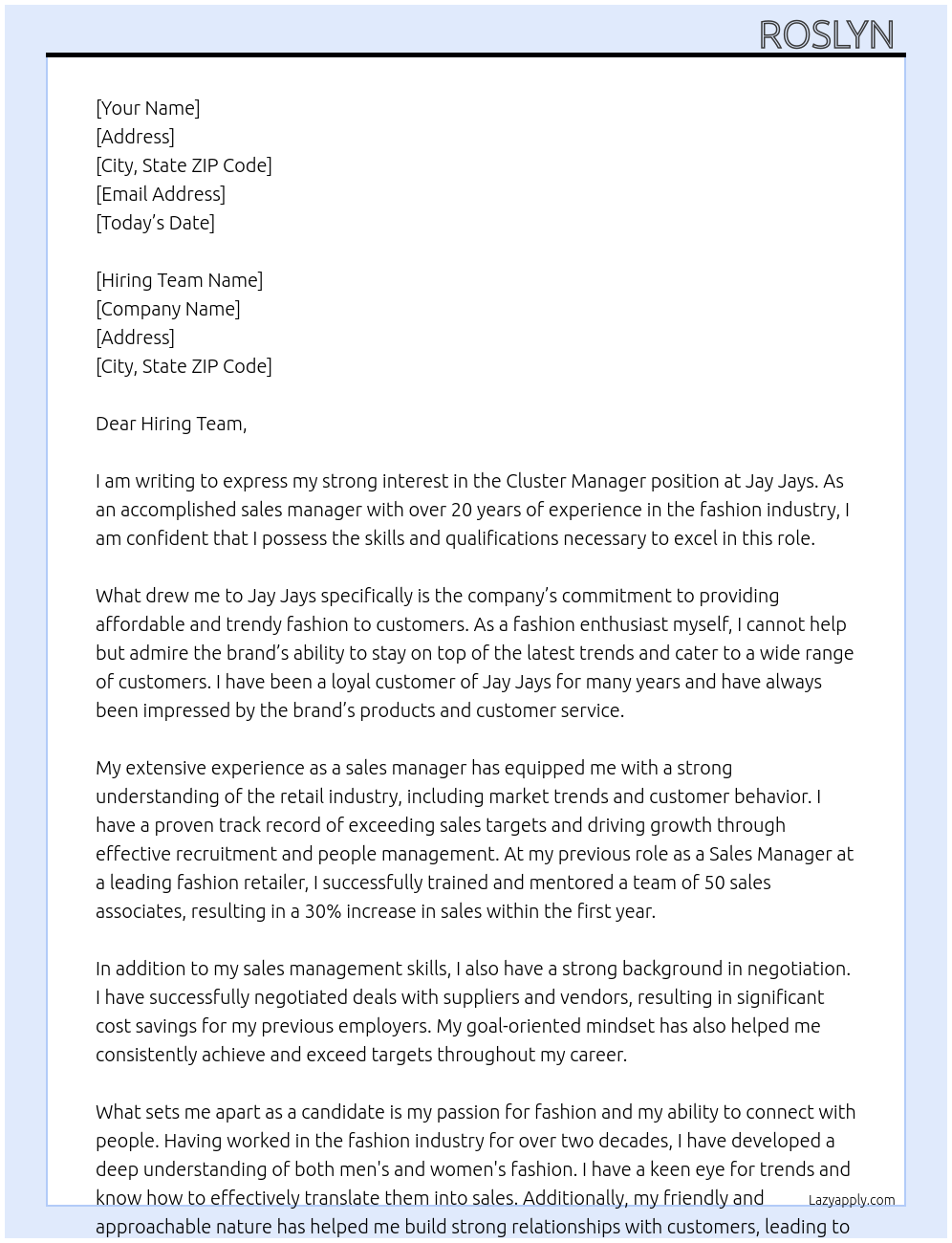 Cluster manager At Jay Jays Cover Letter
