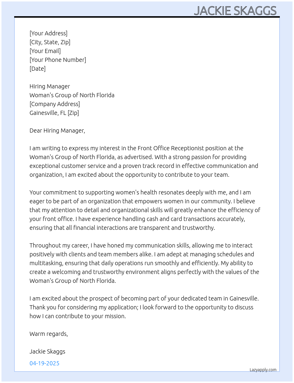 Cover letter for front office receptionist - LazyApply