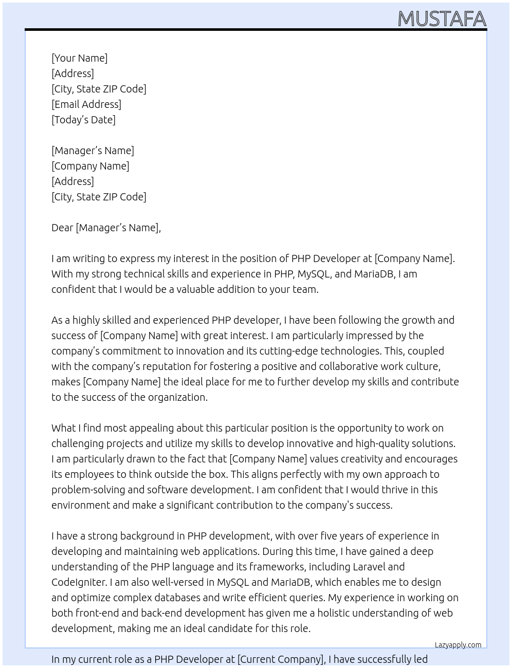 PHP developer At Company Cover Letter