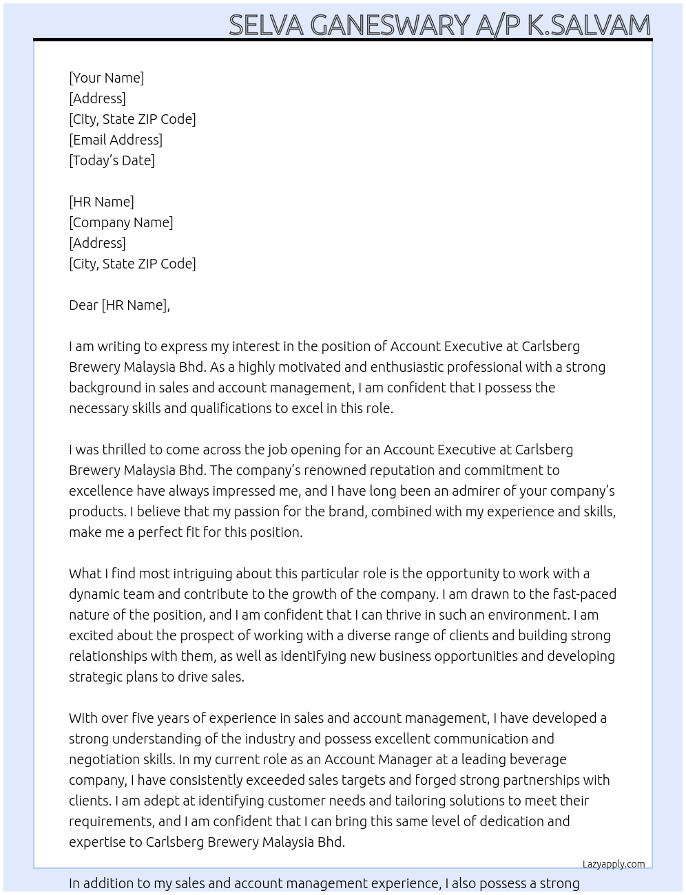 Account Executive At Carlsberg Brewery Malaysia Bhd Cover Letter
